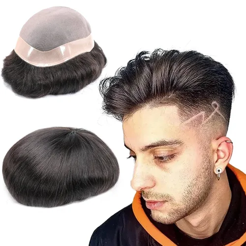 Miniatura 15 de Toupee - Sistema de reemplazo de cabello para hombres, cabello humano real, 5 x 7 pulgadas, base de encaje mono, extensión duradera para hombre