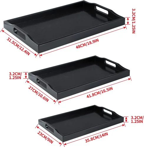 Miniatura 3 de MDLUU Juego de 3 bandejas de plástico para servir con asas recortadas, bandeja rectangular para mayordomo para desayuno en la cama, mesa de café