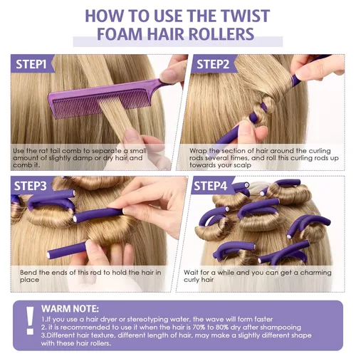 Miniatura 3 de WILLBOND 60 varillas rizadoras flexibles, rodillos flexibles, sin calor, para cabello largo y corto para mujeres (0.3 x 7 pulgadas, morado)