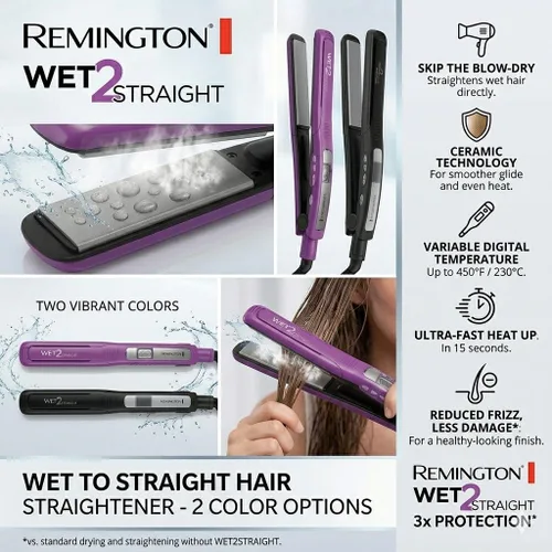 Miniatura 5 de Remington Wet 2 - Plancha de pelo liso de 1 pulgada con placas de turmalina de cerámica, 390 F de alto calor y controles digitales, color morado