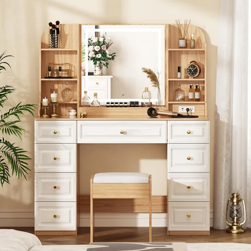 Miniatura 12 de Arulvmrn Escritorio de maquillaje de 43 pulgadas con espejo y luces, y toma de corriente, mesa de tocador grande con parte superior de vidrio con 9