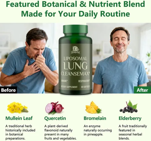 Miniatura 5 de Suplemento Liposomal Lung Cleansemax con Extracto de Hoja de Gordolobo, Extracto de Fruta de Saúco, Quercetina + 13 Hierbas y Vitaminas, Absorción