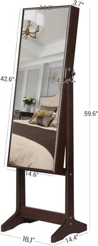Miniatura 6 de SONGMICS - Armario gabinete de joyería con espejo espejo grande de pie de cuerpo completo organizador de joyas con cerradura color marrón UJJC69BR