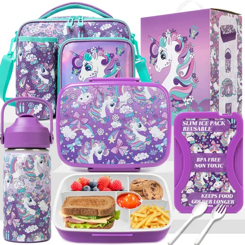 Miniatura 9 de Caja Bento para Niños Lonchera para Niños Caja Bento para Niños Juego de Lonchera con 5 Compartimentos Botella de Acero Inoxidable para Agua, Bolsa
