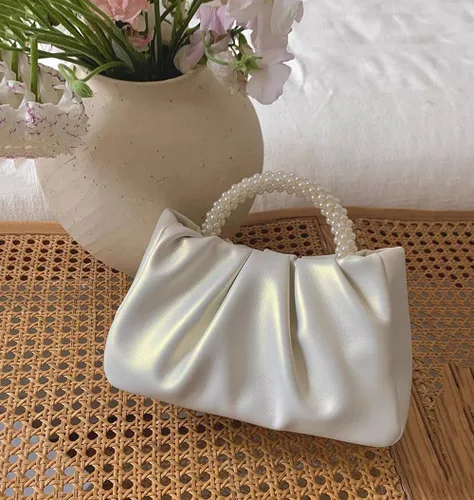 Miniatura 3 de Beatfull Bolso de noche para mujer, bolso de mano pequeño con perlas de cuero suave, bolso fruncido para boda, novia, fiesta, baile de graduación