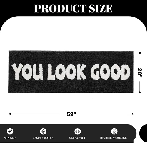 Miniatura 2 de Alfombra de baño con texto en blanco y negro con texto en inglés "You Look Good", divertida y bonita, decoración de baño, pequeña, fresca