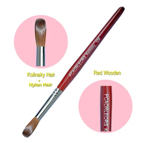Miniatura 3 de (1 unidad) Cepillo de uñas acrílicas con cabello de sable Kolinsky 100% puro y mano de madera roja, cepillo de gel profesional redondo