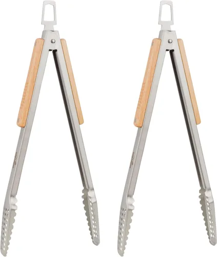 Miniatura 18 de Pinzas para barbacoa de acero inoxidable 18/0 de 9 pulgadas con mango ergonómico de madera de roble real para cocinar, accesorio duradero