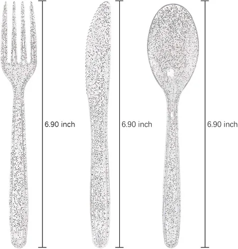 Miniatura 3 de WDF Cubiertos de plástico plateado 360 - Cubiertos de plástico desechables con purpurina plateada - cubiertos desechables que incluyen: 120 Escarcha