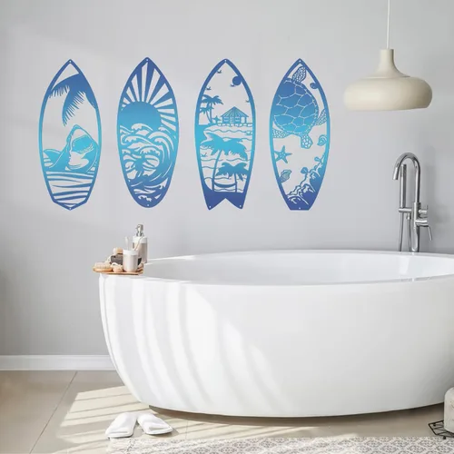 Miniatura 6 de 4 piezas de tabla de surf de metal para decoración de pared, tabla de surf de verano, letreros de playa, tiburón, palmera, arte de pared, decoración