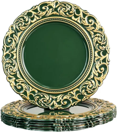 Miniatura 16 de Juego de 6 platos de carga marrones, cargadores de platos de madera sintética, cargador de plástico de 13 pulgadas para cenas y mesas de fiesta.