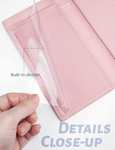Miniatura 4 de Yarnic Funda para chequera personal, soporte para chequera con soporte para bolígrafo y divisor de plástico transparente integrado para cheques Rosa