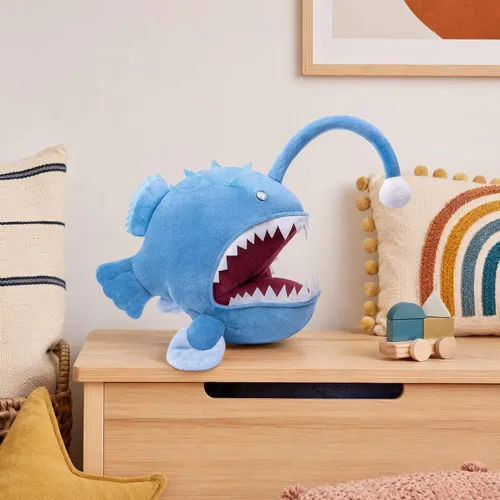 Miniatura 5 de Juguete de peluche de pez pescador – Lindo pez pescador azul de 12 pulgadas, juguetes de peluche real de la vida marina, pez linterna, juguetes