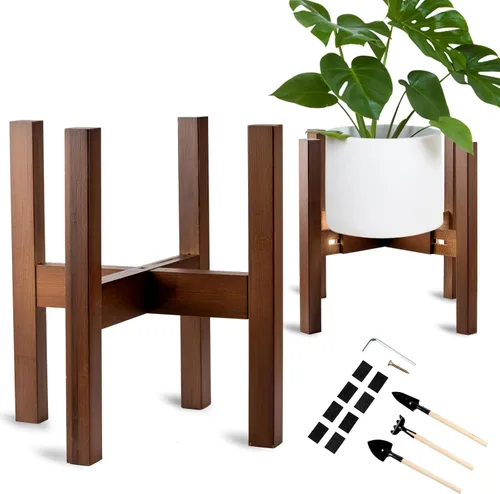 Miniatura 9 de Soporte ajustable de bambú para plantas de interior, soporte para macetas de 8 a 12 pulgadas para sala de estar, dormitorio, esquina, estante