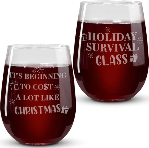 Copas de vino de Navidad – Vaso de supervivencia navideño, está empezando a costar mucho como copas de vino sin tallo de Navidad, juego de 2 copas