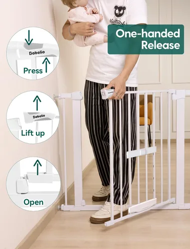 Miniatura 4 de Babelio Puerta de bebé con puerta para gatos ajustable, puerta de metal para mascotas de 29 a 40 pulgadas para escaleras y puertas, montada a Blanco