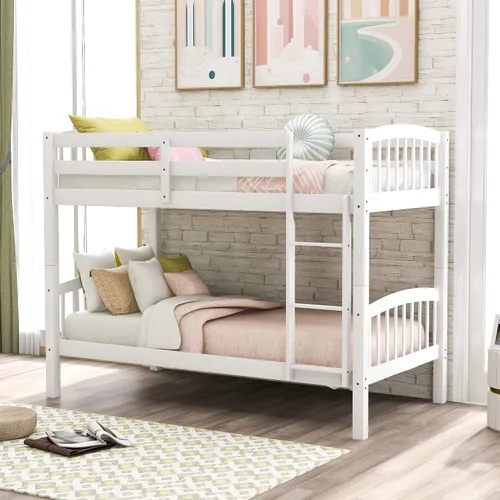 Miniatura 11 de Harper & Bright Designs Litera baja individual sobre individual, marco de cama individual de madera con escalera y barandillas, literas bajas