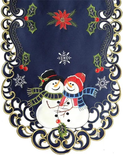 Miniatura 2 de Creative Linens Camino de mesa navideño bordado muñeco de nieve con copo de nieve de Pascua ovalado, bufanda de tocador azul dorado