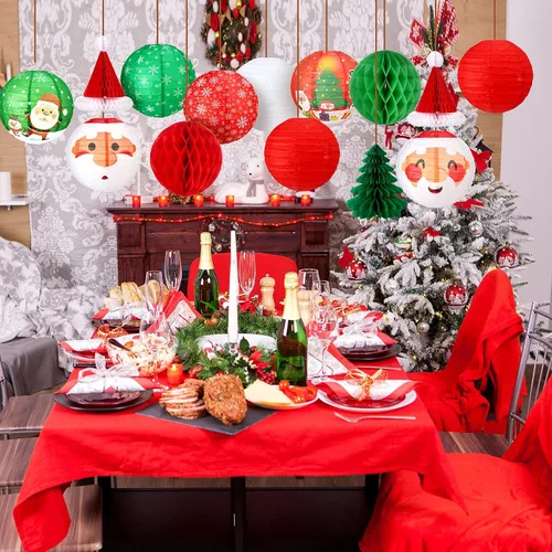 Miniatura 5 de Juego de 17 linternas de papel colgantes de Navidad 3D para Papá Noel, linterna de papel, sombrero de Papá Noel, árboles de Navidad, bolas de panal