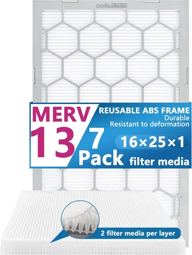 16x25x1 MERV 13 Filtro de aire para caldera/aire acondicionado, 7 paquetes de filtros reemplazables de plástico ABS reutilizables con marco (tamaño