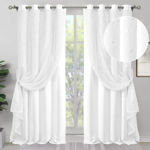 Miniatura 11 de BGment Cortinas de oscurecimiento de habitación con superposición transparente, cortinas de tul estampado plateado de doble capa para sala de estar