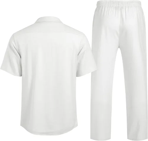 Miniatura 3 de COOFANDY Conjunto de ropa de lino de 2 piezas para hombre camisa con botones y pantalones sueltos