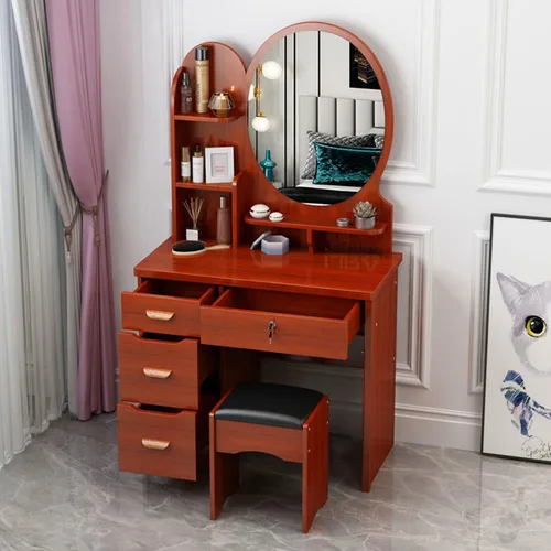 Miniatura 14 de QQXX Juego de tocador grande con espejo, tocador de maquillaje con estantes de almacenamiento y 4 cajones, taburete acolchado para dormitorio