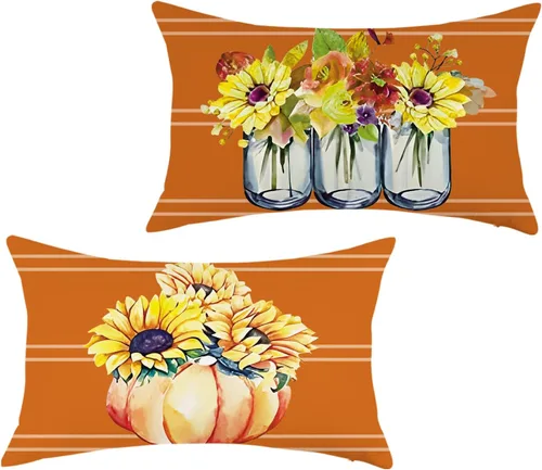 Miniatura 7 de Juego de 2 fundas de almohada florales otoñales de 18 x 18 pulgadas, fundas de cojín de rayas otoñales de granja, jarrón, fundas de almohada