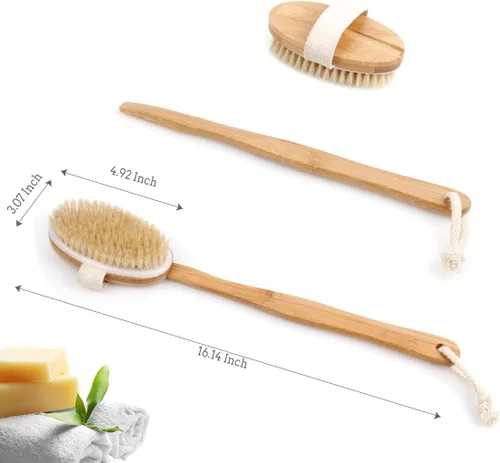 Miniatura 4 de Cepillo corporal de baño y ducha, cepillado de piel seca con cerdas de jabalí 100% naturales y mango desmontable de bambú de 16 pulgadas de largo