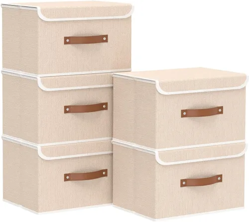 Miniatura 29 de Yawinhe SNK024BEN-1 Cajas de almacenamiento plegables, cestas apilables de tela de lino, contenedor con tapa y asa de cuero, lavable, para el hogar