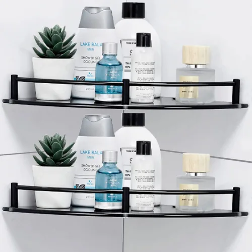 Miniatura 7 de Estante de baño de vidrio con riel inoxidable, estante de ducha esquinero de vidrio negro, organizador de ducha con agujero de taladro para montaje