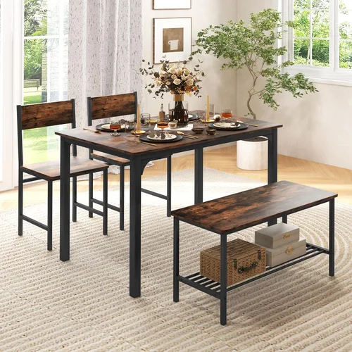 GOFLAME Juego de mesa de comedor de 4 piezas para 4, mesa de cocina industrial con 2 sillas y banco, juego de mesa de desayuno que ahorra espacio