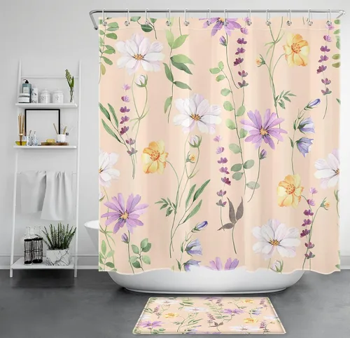 Miniatura 36 de Cortina de ducha de flores silvestres amarillas, moradas, florales y verde salvia con hojas de eucalipto sobre blanco, juego de cortina de ducha