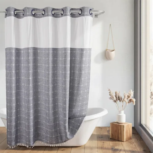 Miniatura 30 de Cortina de ducha River Dream de estilo granja gris con forro a presión, no necesita ganchos, con imanes, con borlas, repele el agua y es lavable a
