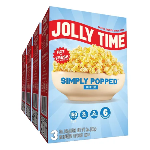 JOLLY TIME Simply Popped | Palomitas de maíz naturales para microondas, aceite de palma y granos de maíz pop sin OMG (caja de 3 unidades, paquete de