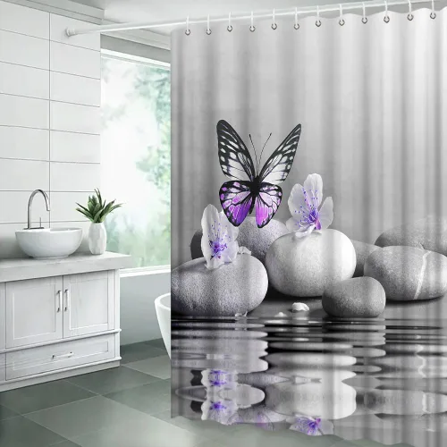 Miniatura 2 de GCTNBJL Cortina de ducha con diseño de mariposas y flores de cerezo y grises, romántica, soñador, mujer, niñas, relajarse, naturaleza, decoración