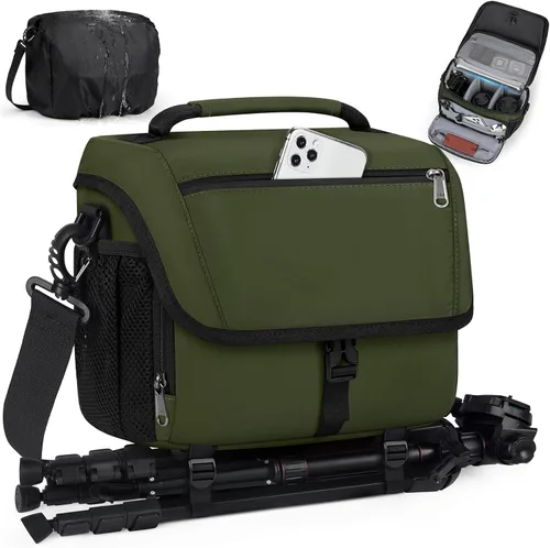 Miniatura 9 de RAINSMORE - Bolsa para cámara, estuche para cámara DSLR/SLR/sin espejo con soporte para trípode, bolsa de bandolera impermeable para fotógrafos