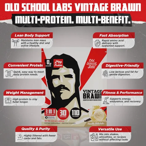 Miniatura 5 de Brawn Vintage – Polvo de proteína para desarrollo muscular. La primera proteína triple aislada de huevo, leche (suero y caseína) y carne de vacuno
