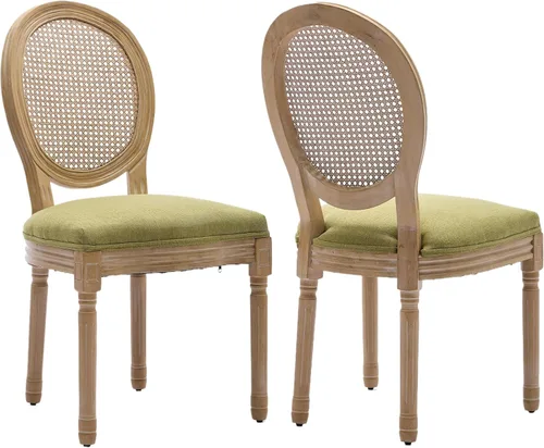 Miniatura 46 de Juego de 2 sillas de comedor de campo francés, sillas de comedor de madera de granja beige, silla de comedor con respaldo tejido con cojín tapizado