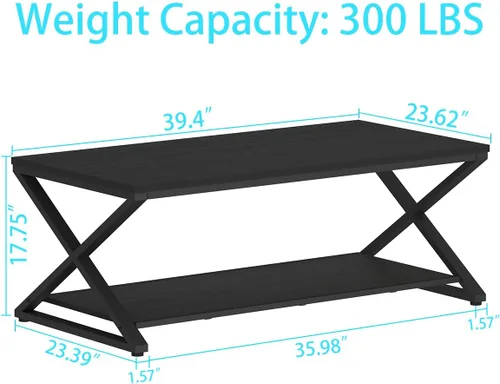 Miniatura 2 de HSH Mesa de sala de estar de madera de metal minimalista moderna negra con estante de almacenamiento, mesa central rectangular de 39 pulgadas y 2