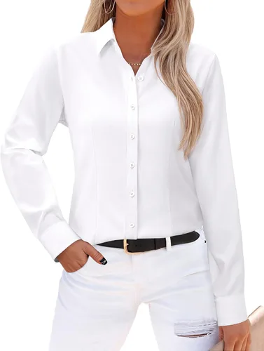 Miniatura 30 de Gleeivy - Camisas abotonadas para mujer, sin arrugas, de manga larga, camisas de vestir casuales con cuello V, ajustadas, de un solo