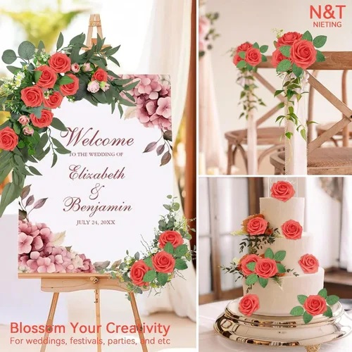 Miniatura 7 de N&T NIETING Flores artificiales, 25 rosas falsas de espuma de coral de aspecto real con tallos para ramos de boda, centros de mesa de despedida