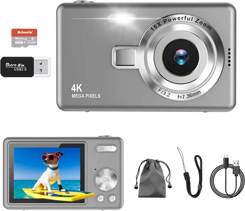 Miniatura 12 de Cámara digital, enfoque automático UHD 4K 50MP cámara de vlogging para fotografía con tarjeta SD de 32 GB, zoom 16X, antivibración, cámaras Púrpura