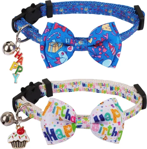 ADOGGYGO Collares de Cumpleaños para Gatos con Lazo y Cascabel, Collares de Pajarita de Separación Rápida Blanco Azul Feliz Cumpleaños para Gatos y