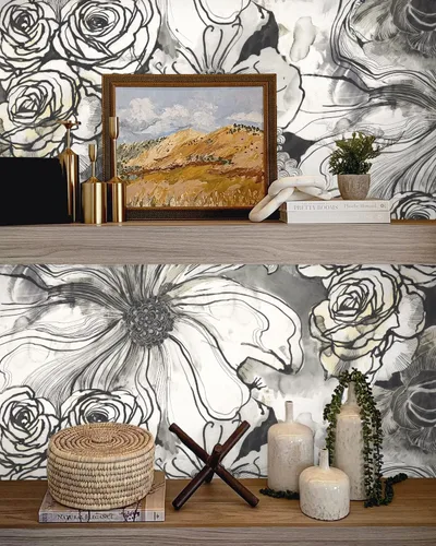 Miniatura 5 de NextWall Harry & Grace Ink Rose - Papel tapiz para despegar y pegar, diseño floral abstracto (Mocha y Niebla Azul)