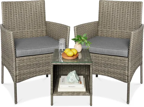 Miniatura 23 de Best Choice Products Juego de 3 piezas de mimbre para conversación al aire libre, muebles de patio que ahorran espacio para jardín con mesa