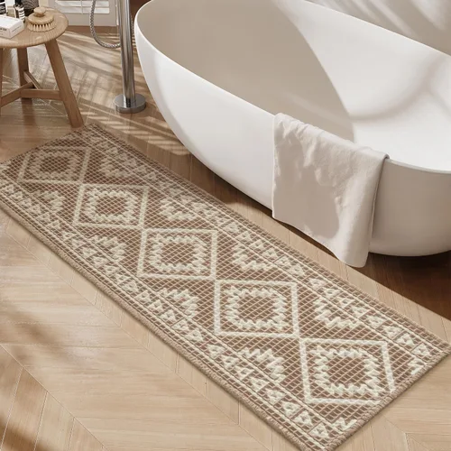 Miniatura 8 de PADOOR -Tapete de baño de punto gofre, súper absorbente, lavable a máquina, antideslizante, con borlas, tapete de baño suave para lavandería, Marrón