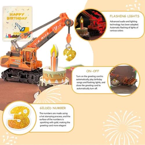 Miniatura 3 de Tarjeta de felicitación emergente 3D de 3er cumpleaños con luz y música, tarjeta de camión grúa para niño, sobrino, nieto, hijo, niño pequeño