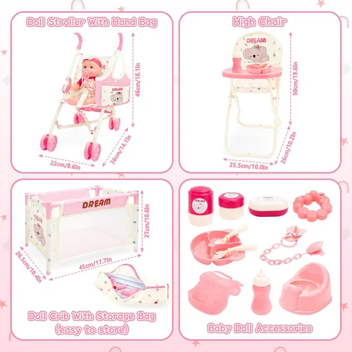 Miniatura 7 de deAO Juguetes de Cochecito de Muñeca Bebé con Muñeca Bebé de 12" Accesorios Cama de Cuna Silla Alta Conjunto de Juego de Roles de Guardería Tapete