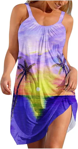 Aobny Women's Sleeveless Tank Dresses Tropical Print Spaghetti Straps Summer Midi Dress Hawaiian Flowy Swing Beach Sundress